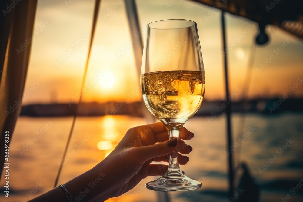 the woman is holding a glass of champagne at sunset