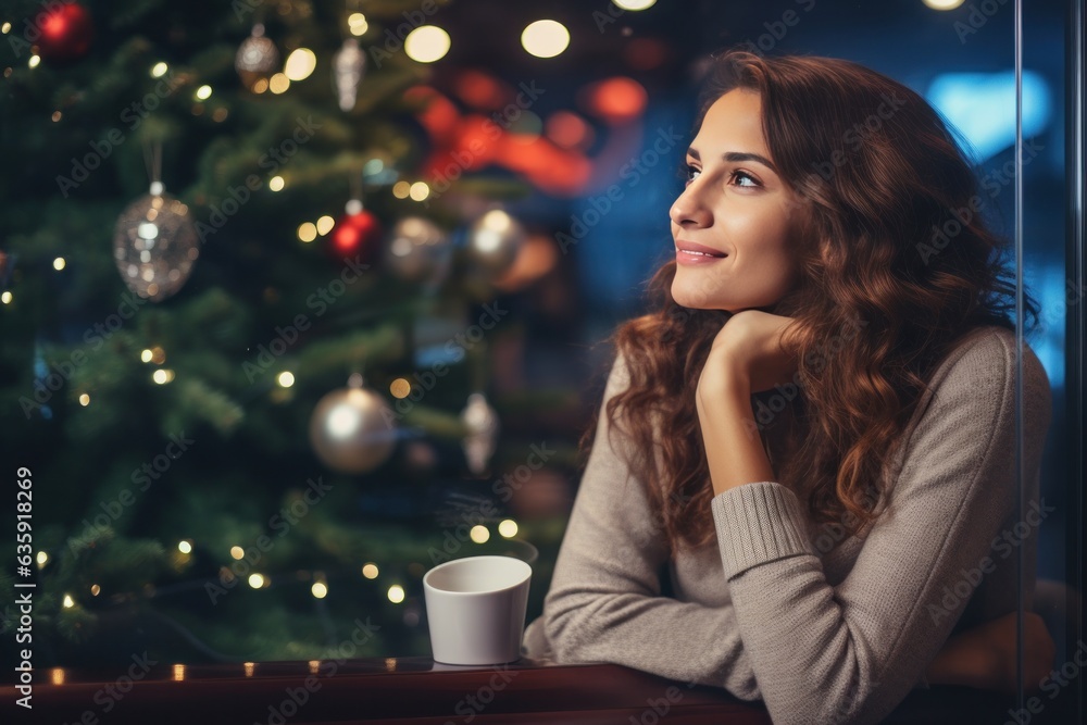 beautiful young woman drinking hot coffee in a chilly winter environment with decorations.