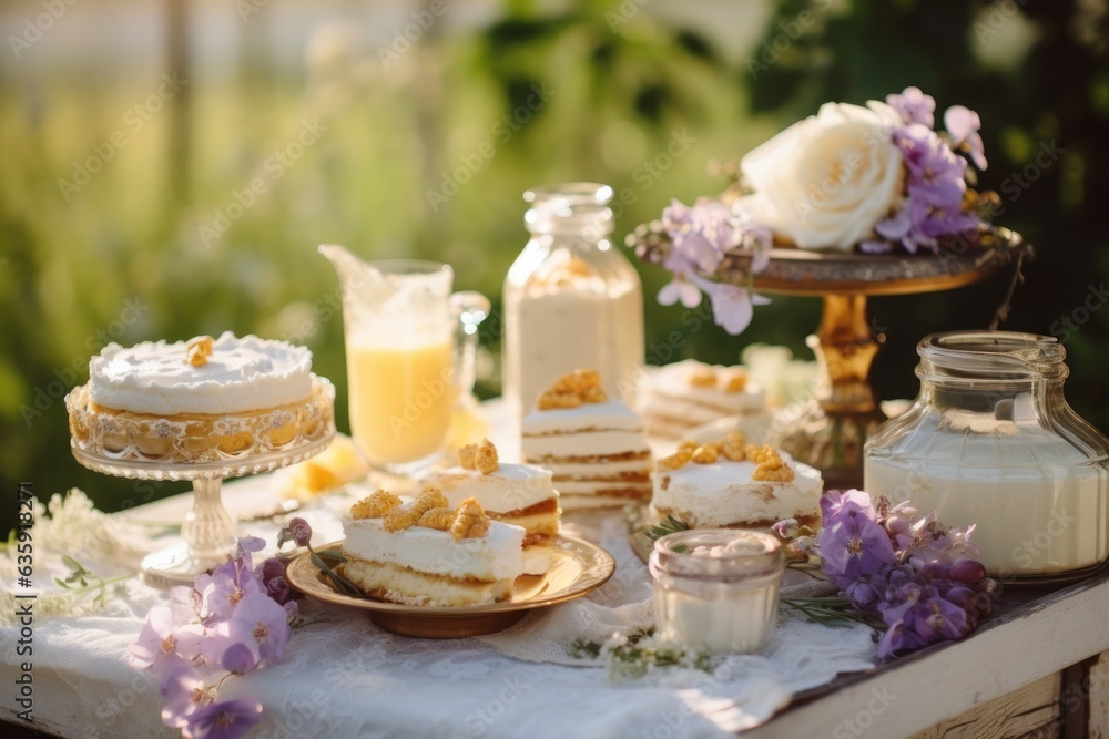 an assortment of white and gold desserts are sitting on a table outdoors