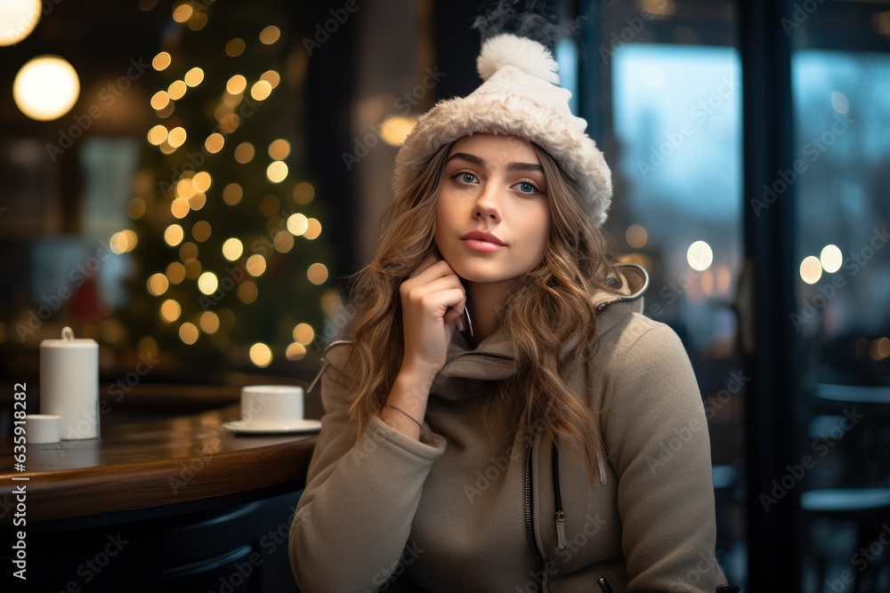 beautiful young woman drinking hot coffee in a chilly winter environment with decorations.