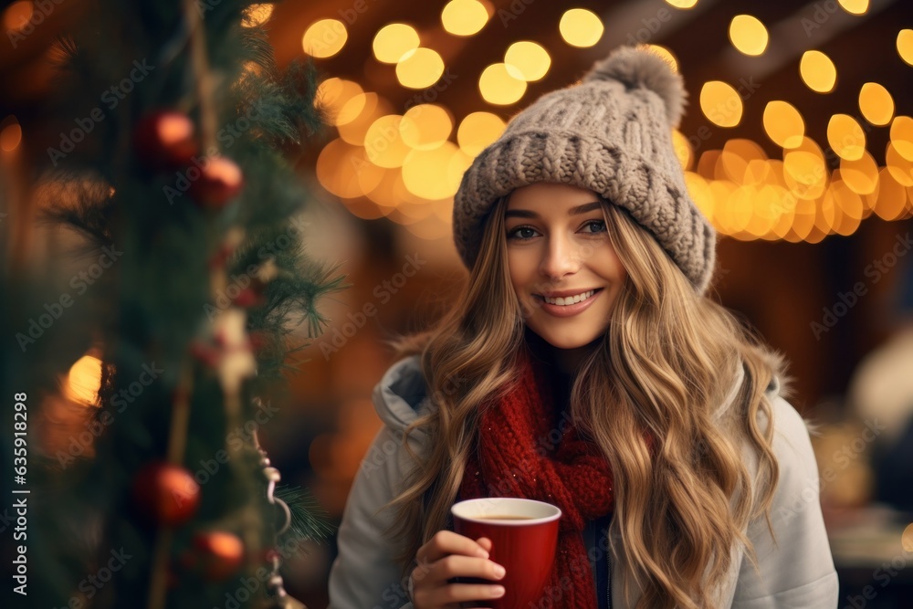 beautiful young woman drinking hot coffee in a chilly winter environment with decorations.