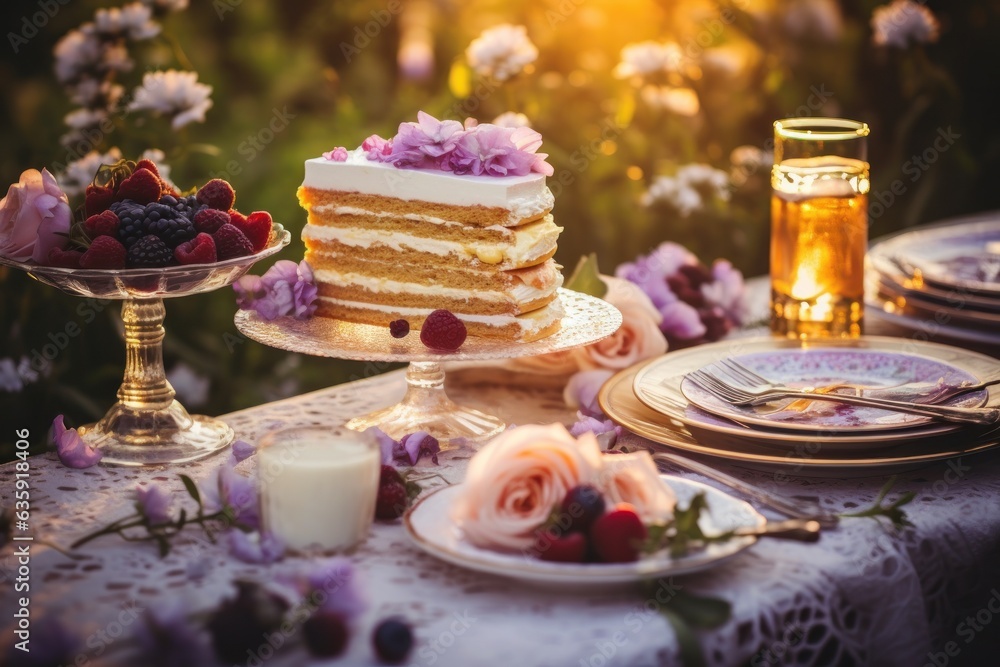 an assortment of white and gold desserts are sitting on a table outdoors