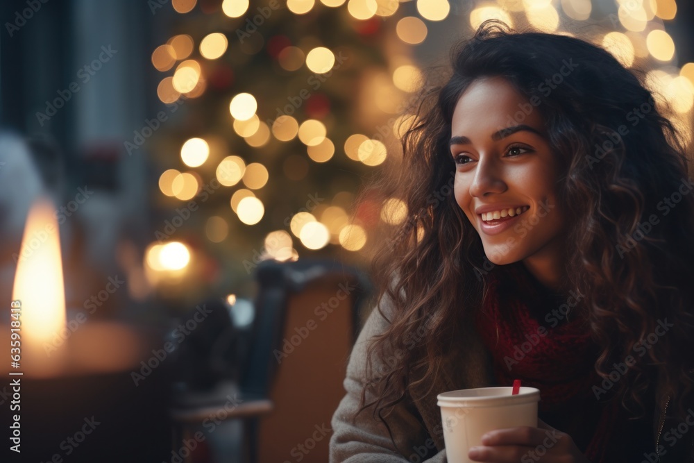 beautiful young woman drinking hot coffee in a chilly winter environment with decorations.