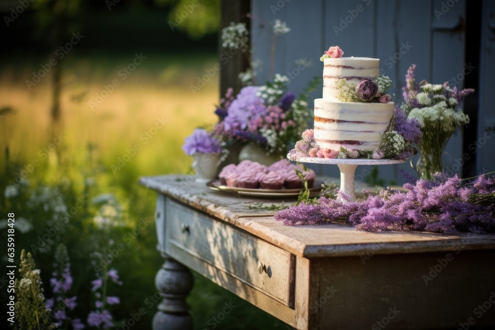 a cake table in an outdoors setting