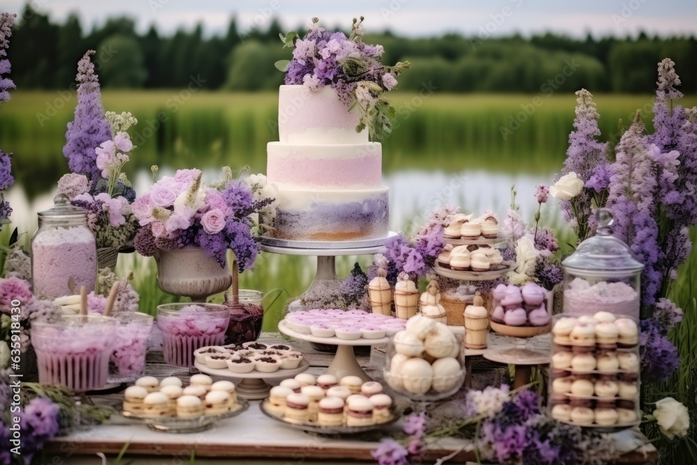 a cake table in an outdoors setting