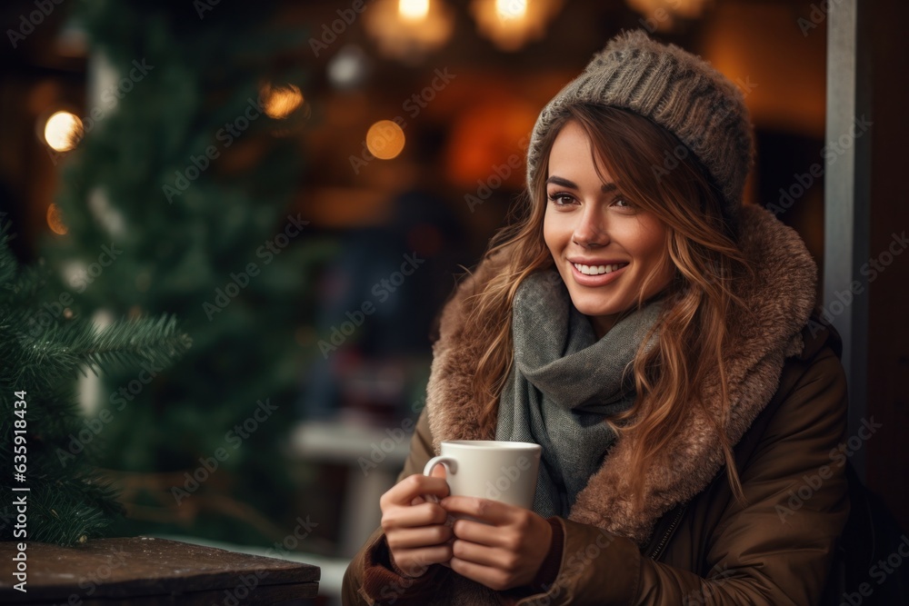 beautiful young woman drinking hot coffee in a chilly winter environment with decorations.