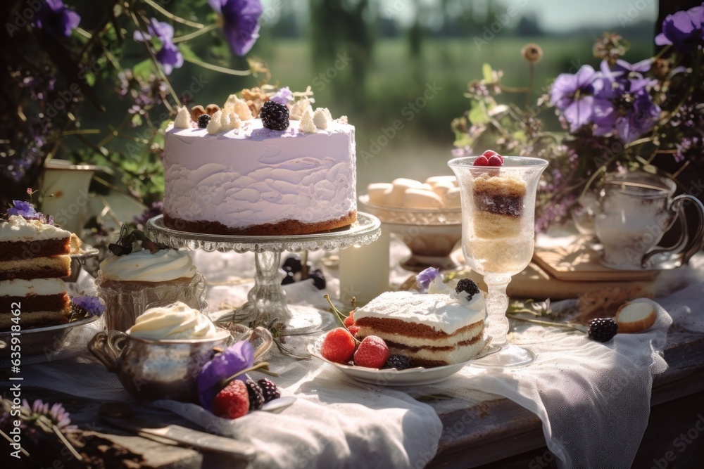 an assortment of white and gold desserts are sitting on a table outdoors