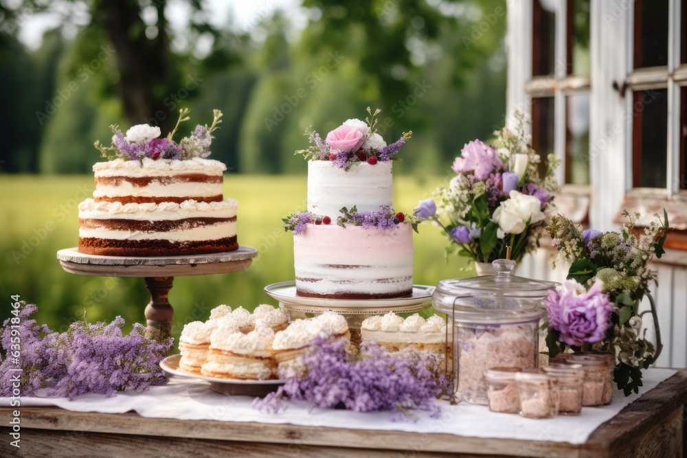 a cake table in an outdoors setting