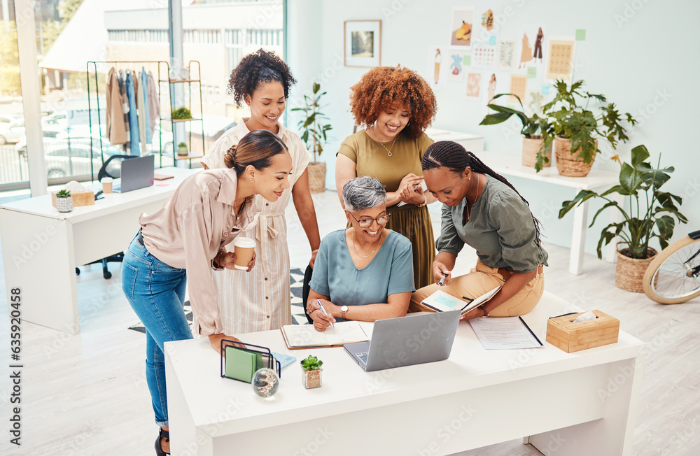 Business women, fashion designer and laptop with teamwork, planning or brainstorming in office of we