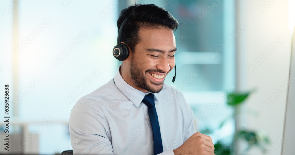 Call center agent consulting a buyer via video call in an office. A young friendly sales man talking