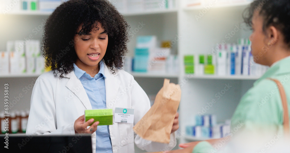 Concerned pharmacist assisting an upset and angry customer in a local pharmacy. Female client return