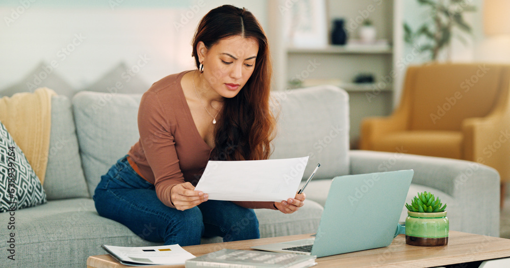 Woman, paper and laptop in living room on sofa working on project, assignment or task for college or