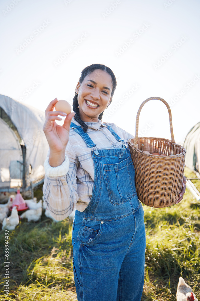 Egg, portrait and happy woman farming chicken in countryside for eco friendly dairy production. Natu