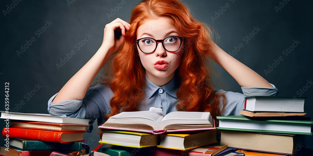 Intriguing image of a stylish redhead in school uniform and glasses, overwhelmed by a towering stack