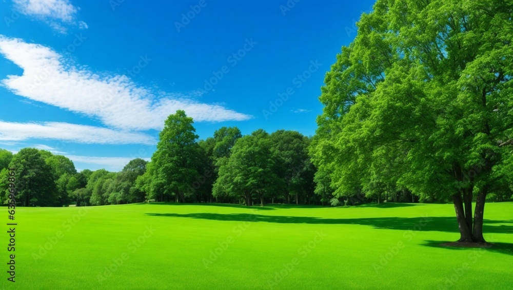 a green field with trees and blue sky