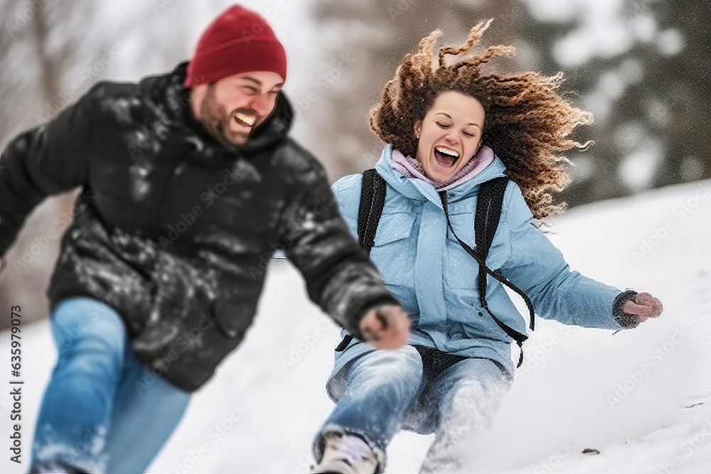 Exhilarating winter scene of joyful couple sledding down snowy hill, basking in cool colors and adve