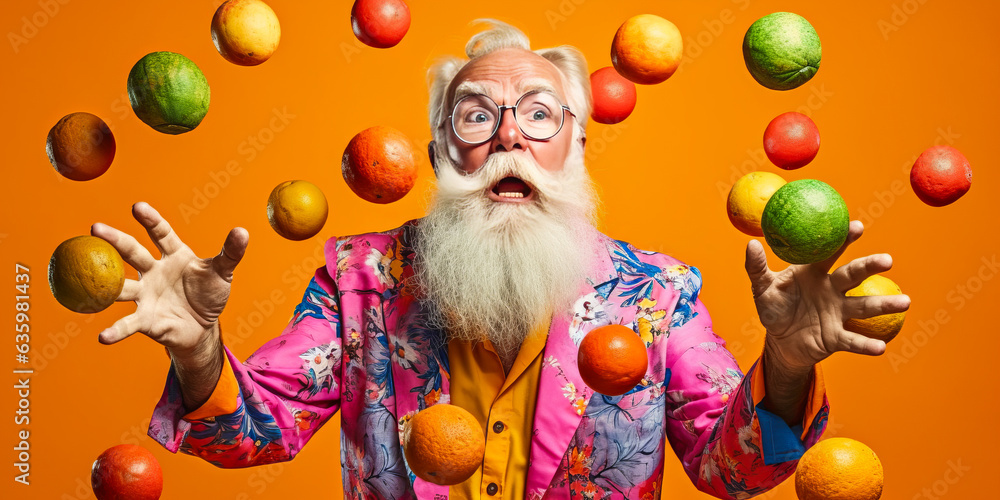 Captivating senior man in colorful Hawaiian shirt, expertly juggling vibrant exotic fruits with focu