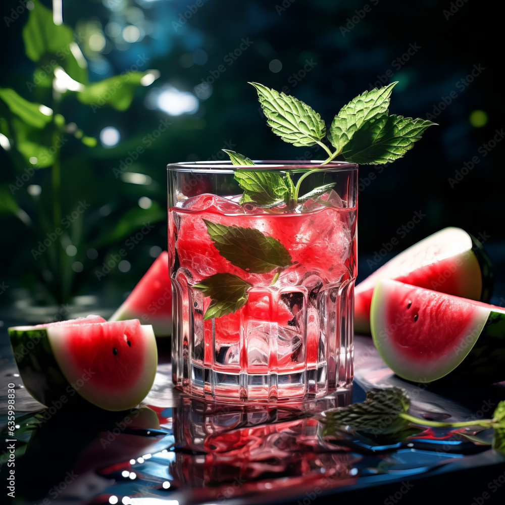 Fresh tropical cocktail with watermelon and ice with tropical trees and plants on a dark mystical ba