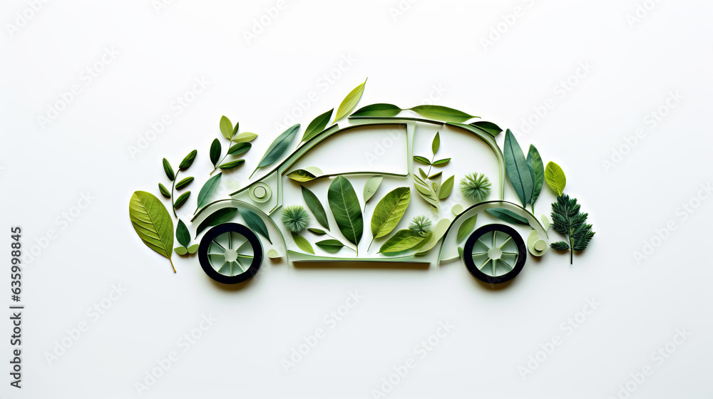 Little green eco car made of mos and leaves on white background