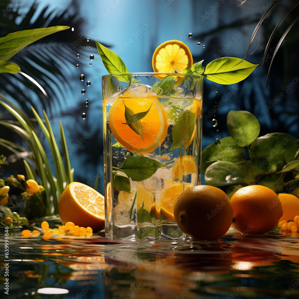 Fresh tropical cocktail with  oranges and ice with tropical trees and plants on a dark mystical back