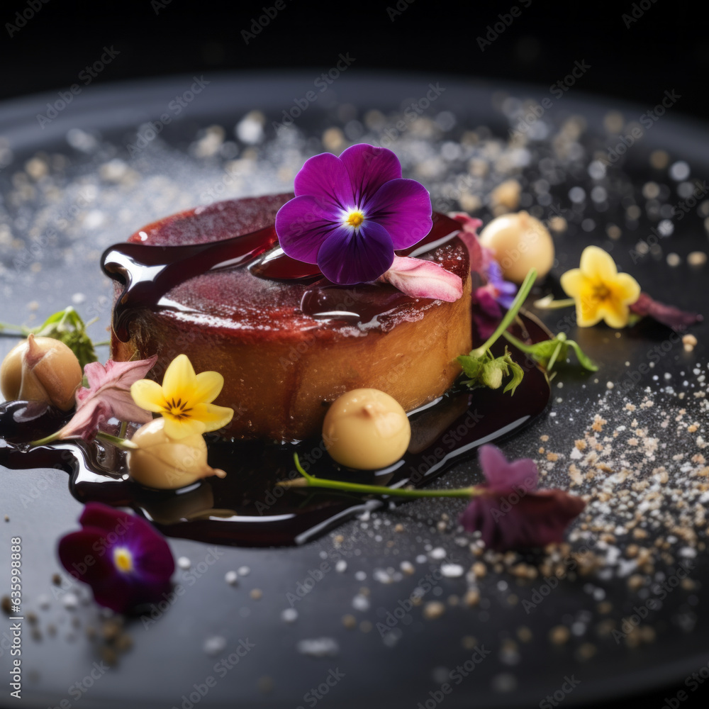 Foie gras, a pate decorated with edible flowers and micro greenery.