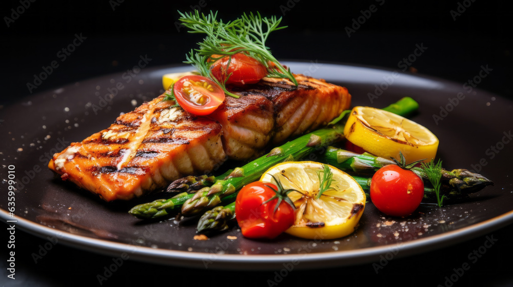 Grilled salmon steak with vegetables on the table close up