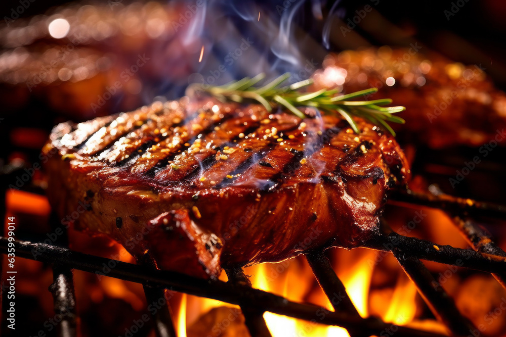 Grilled Steak with herbs cooking over flaming grill