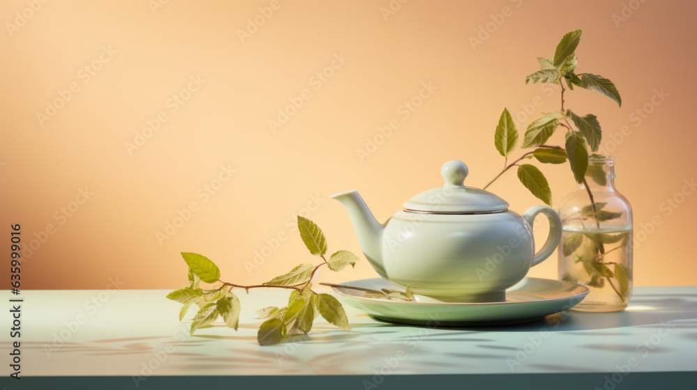 A cup of tea and flowers on colorful background