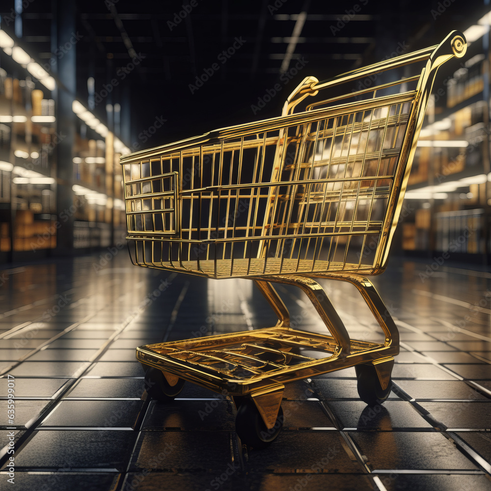 golden shopping cart and supermarket as a background