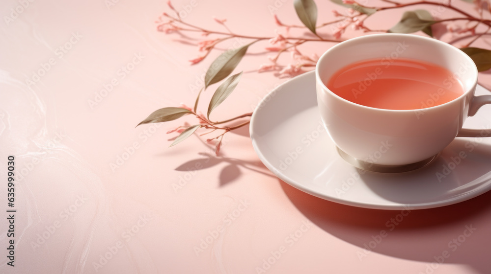 A cup of tea and flowers on pink background