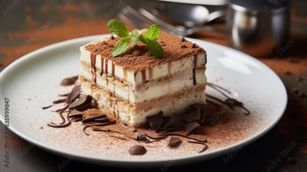 Composition with tiramisu cake decorated with mint leaves on table against dark background