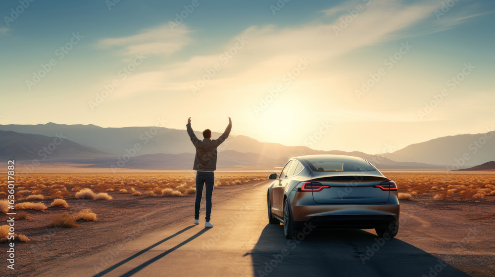 An electric car drives on an asphalt road in the desert