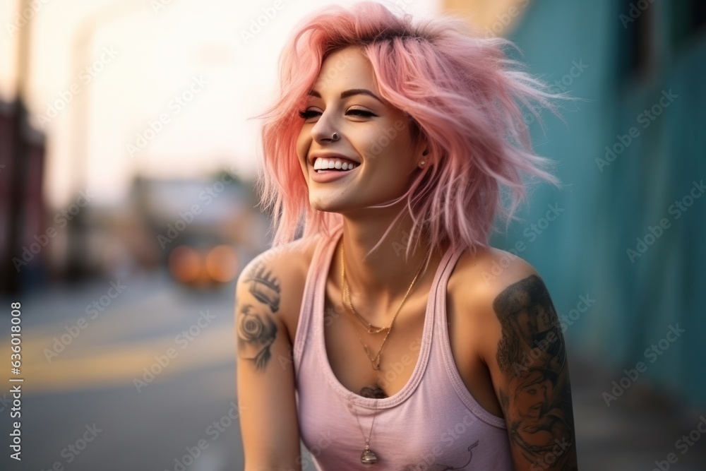 Girl with pink hair with tattoos on the street,