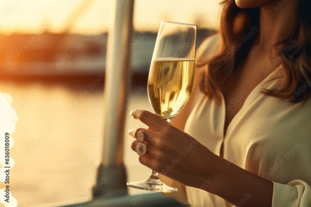 Woman with champagne glass on the boat