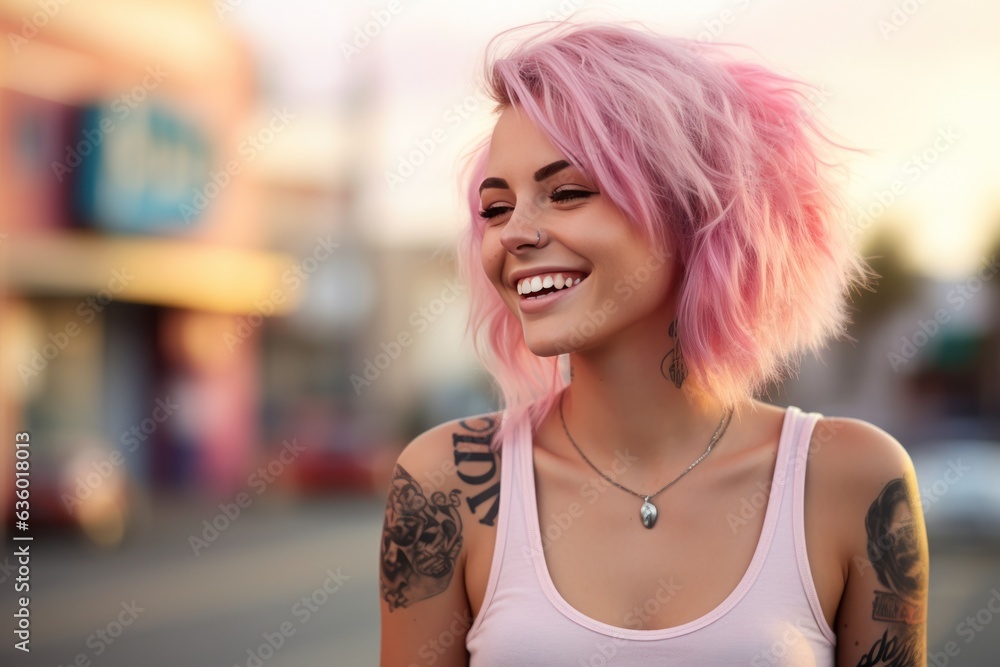 Girl with pink hair with tattoos on the street,