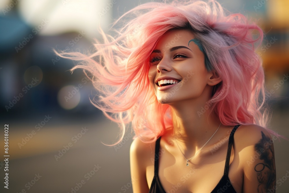 Girl with pink hair with tattoos on the street,