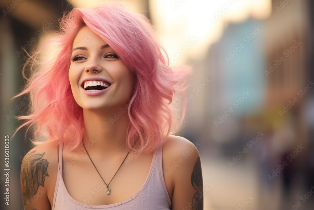 Girl with pink hair with tattoos on the street,