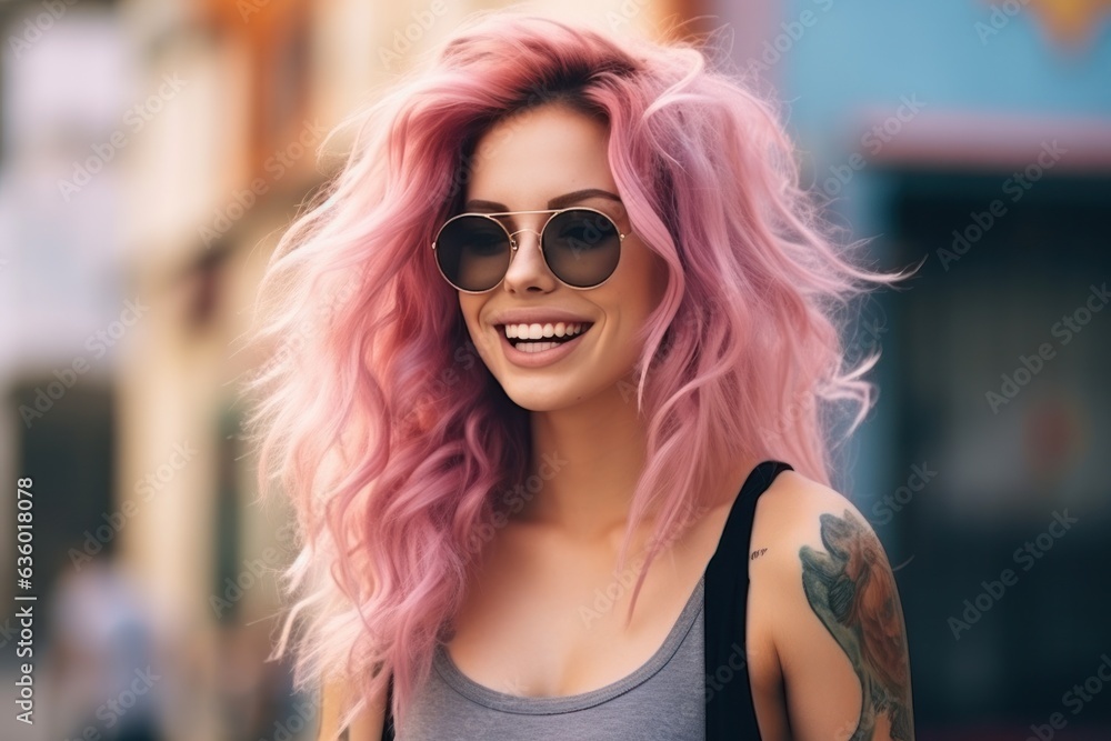 Girl with pink hair with tattoos on the street,