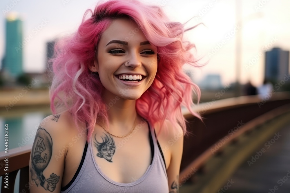 Girl with pink hair with tattoos on the street,