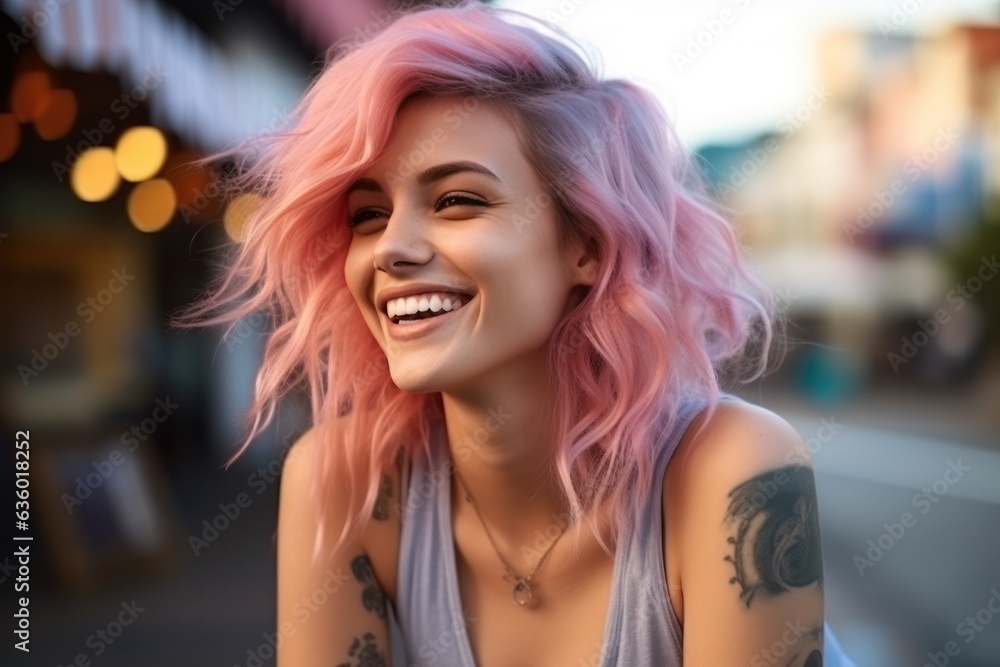 Girl with pink hair with tattoos on the street,