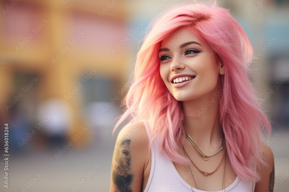 Girl with pink hair with tattoos on the street,