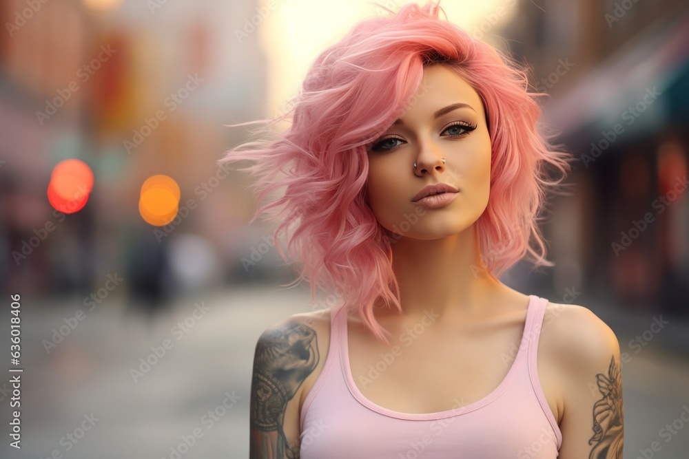 Girl with pink hair with tattoos on the street,