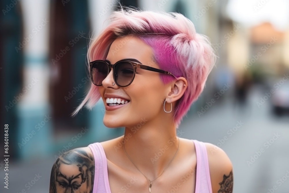 Girl with pink hair with tattoos on the street,