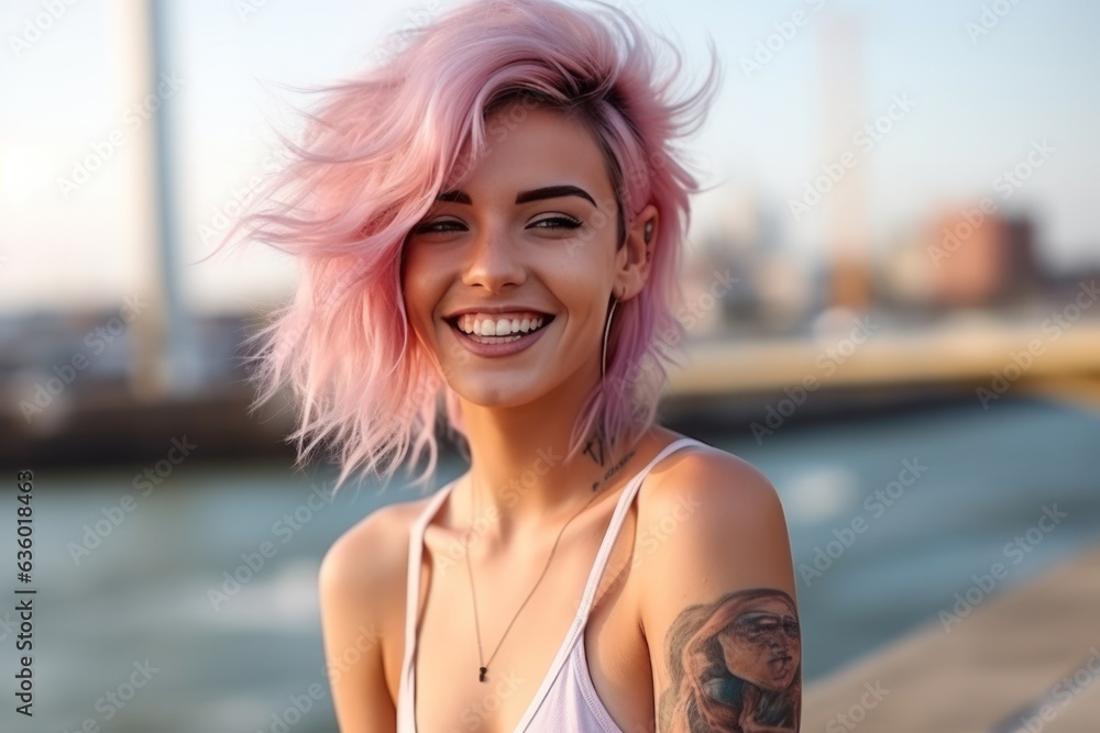 Girl with pink hair with tattoos on the street,