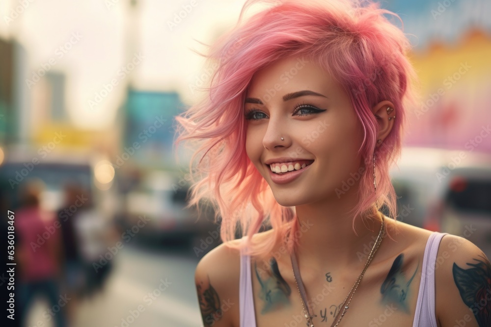 Girl with pink hair with tattoos on the street,