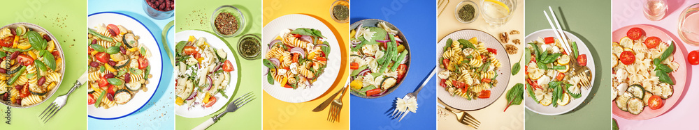 Collage of tasty pasta salads on color background