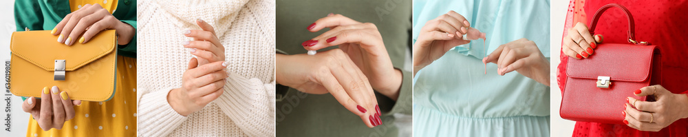 Collection of young women with stylish manicures, closeup