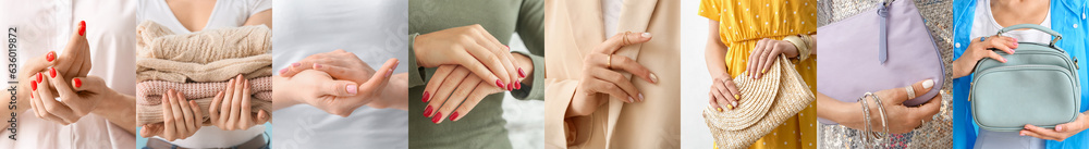 Collection of young women with stylish manicures, closeup