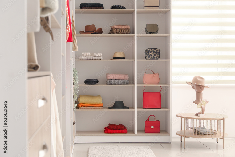 Shelves with stylish clothes and accessories in boutique