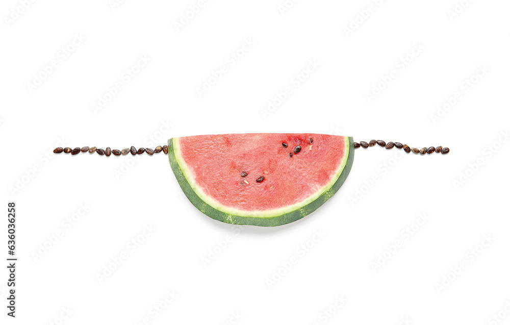 Composition with piece of ripe watermelon and seeds on white background